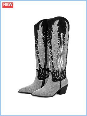 Knee High Cowboy Boots Pointed Toe Chunky Heel Pull On Western Boots